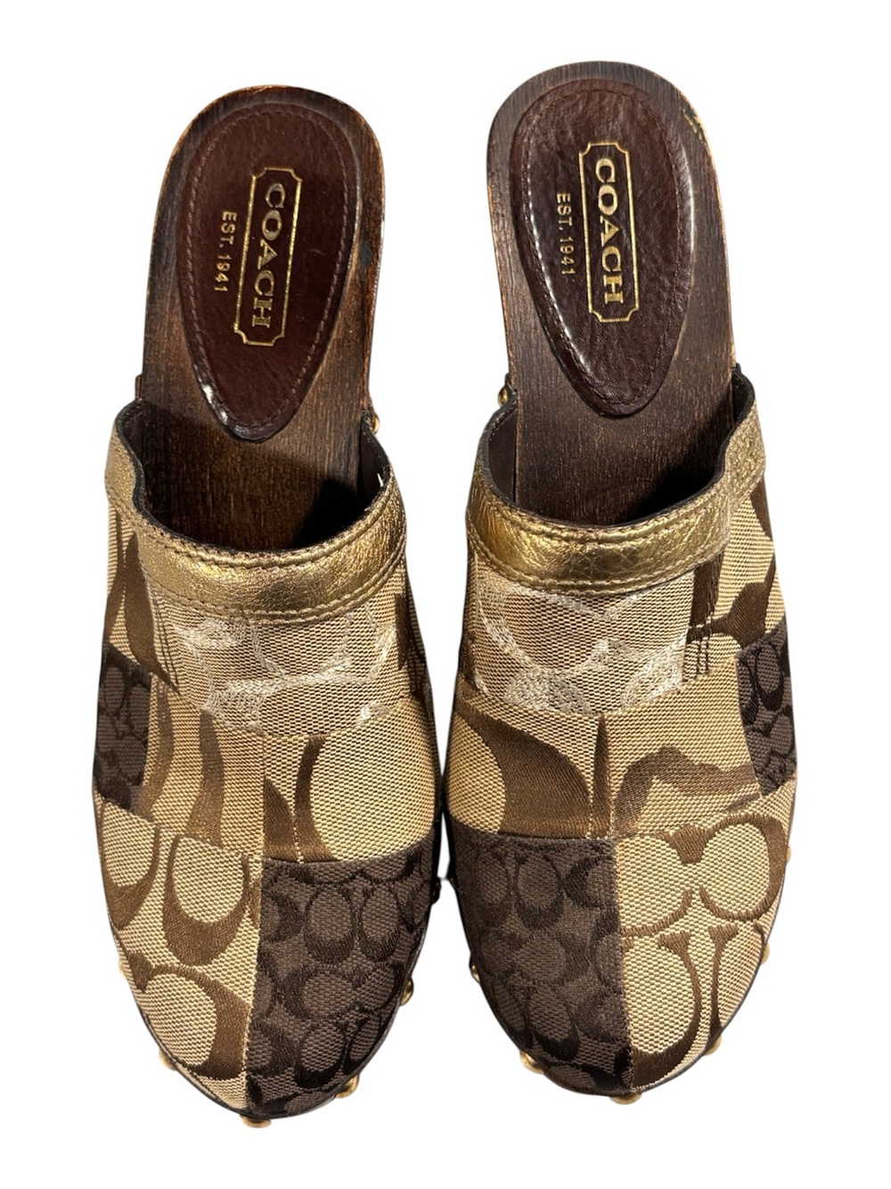 Coach Brown & Gold Signature Patchwork Clog Mules